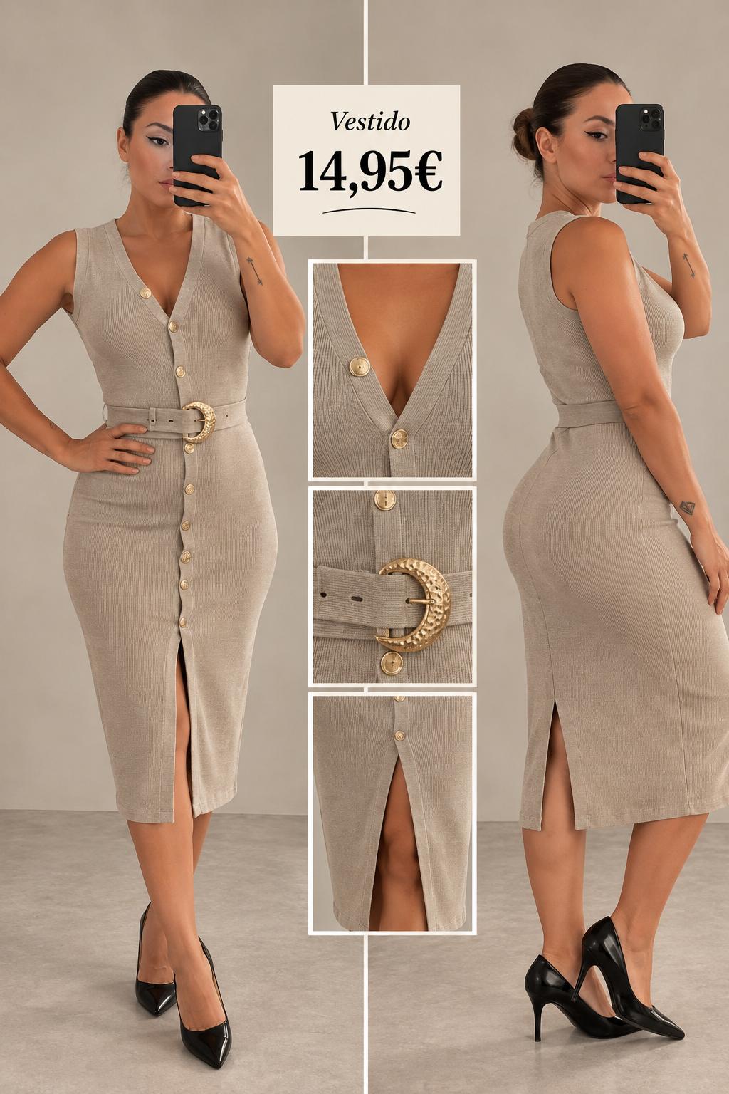 VESTIDO PUNTO CAMEL BOTONES DORADOS