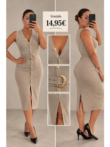 VESTIDO PUNTO CAMEL BOTONES DORADOS  [0]