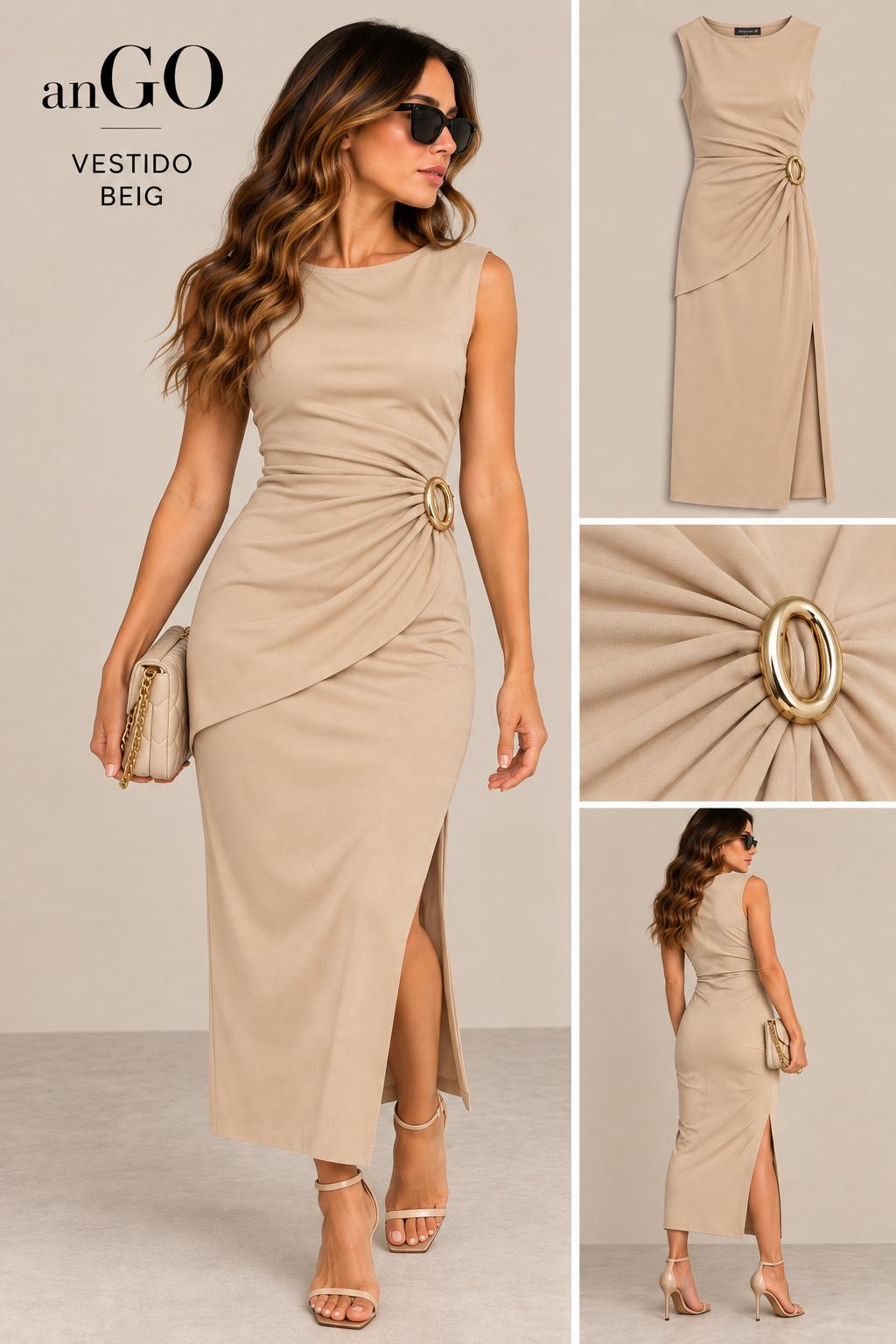 VESTIDO PUNTO BEIG EBILLA DORADA