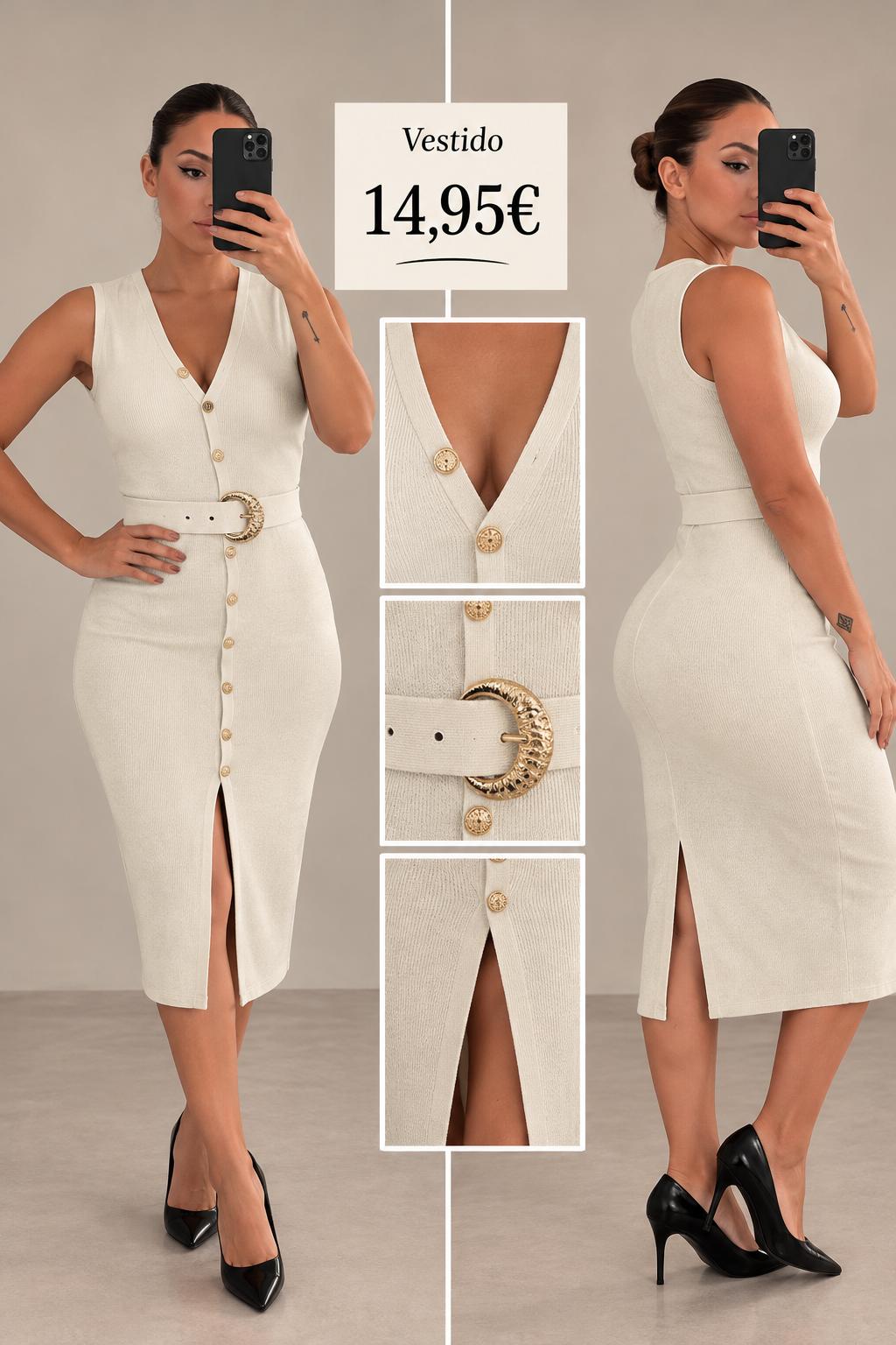 VESTIDO PUNTO HUESO BOTONES DORADOS