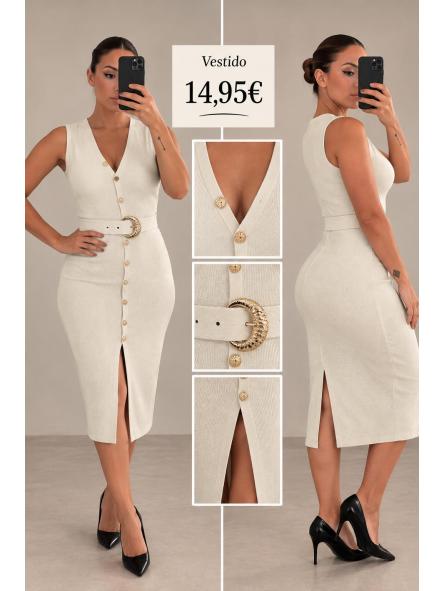 VESTIDO PUNTO HUESO BOTONES DORADOS  [0]