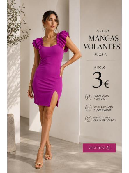 VESTIDO CORTO MANGAS VOLANTES FUCSIA