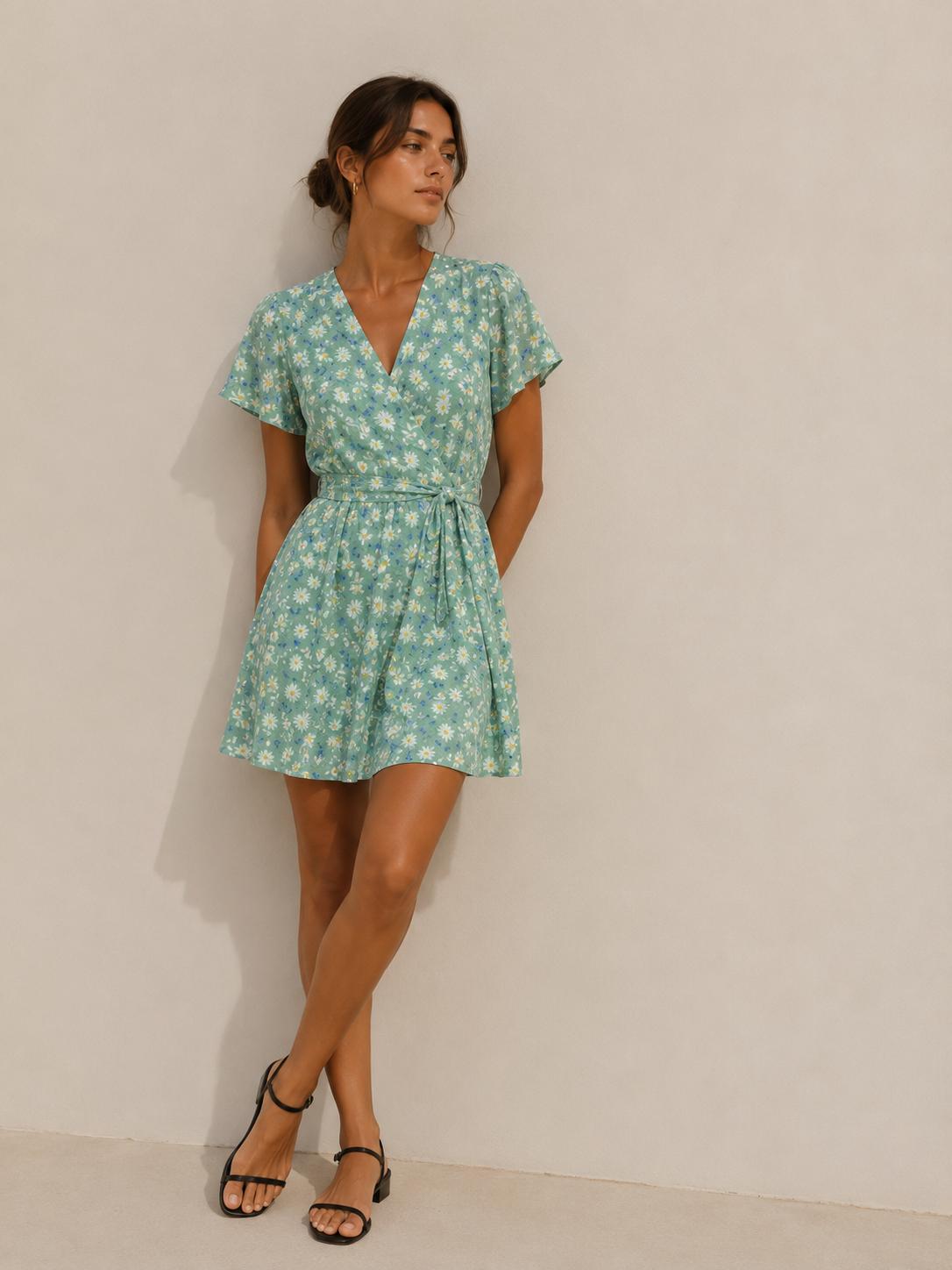 VESTIDO CORTE PRINCESA FLORES VERDE