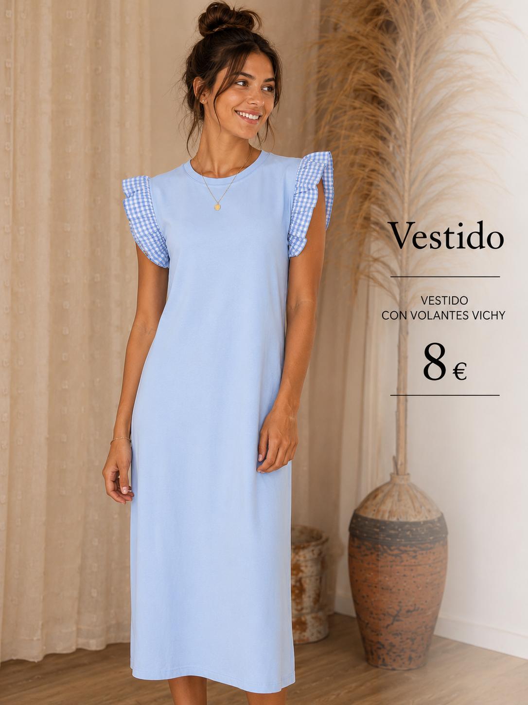 VESTIDO ALGODON MANGAS VICHY AZUL CLARO