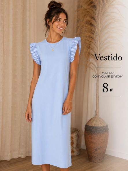 VESTIDO  ALGODON MANGAS VICHY AZUL CLARO