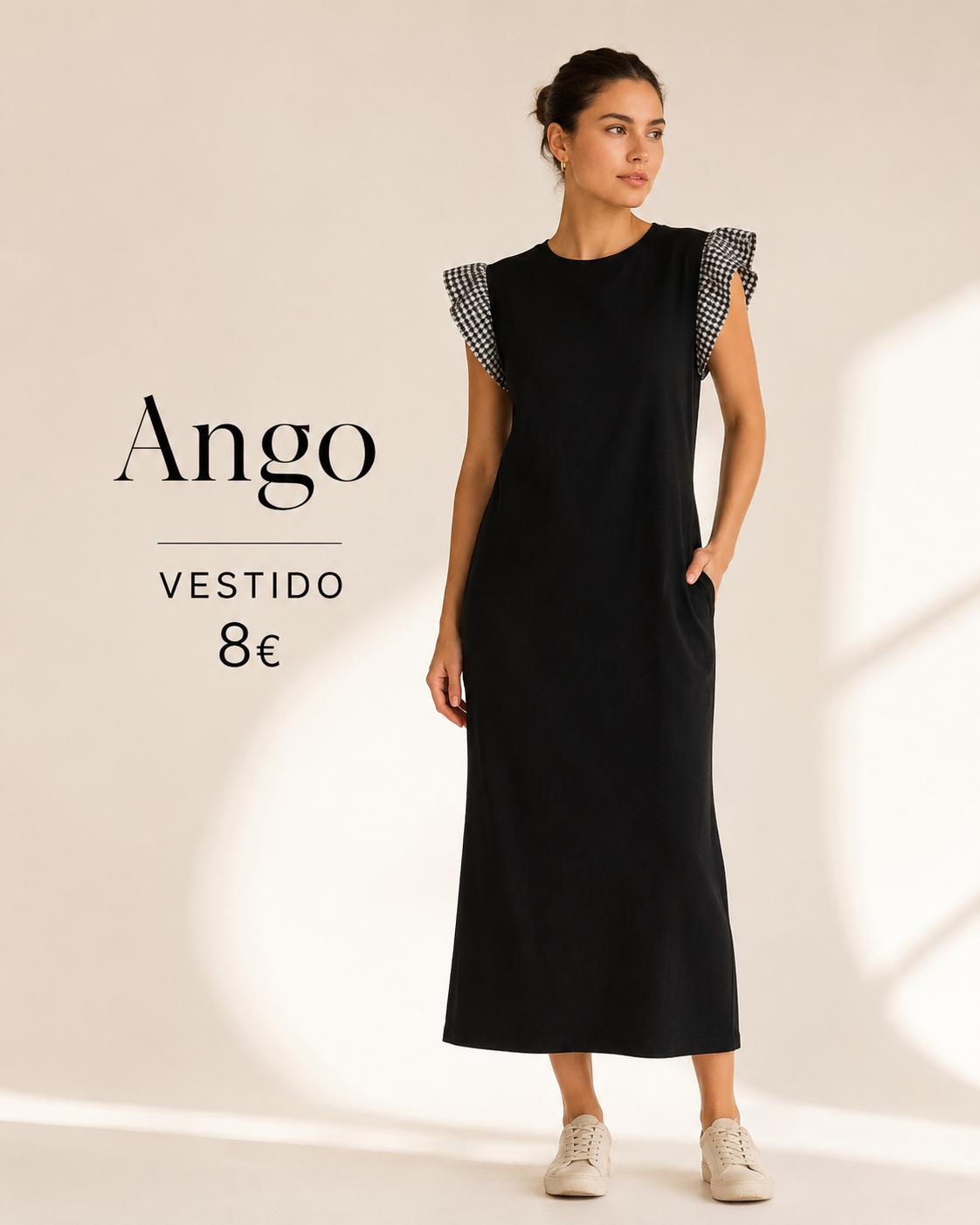 VESTIDO ALGODON MANGAS VICHY negro