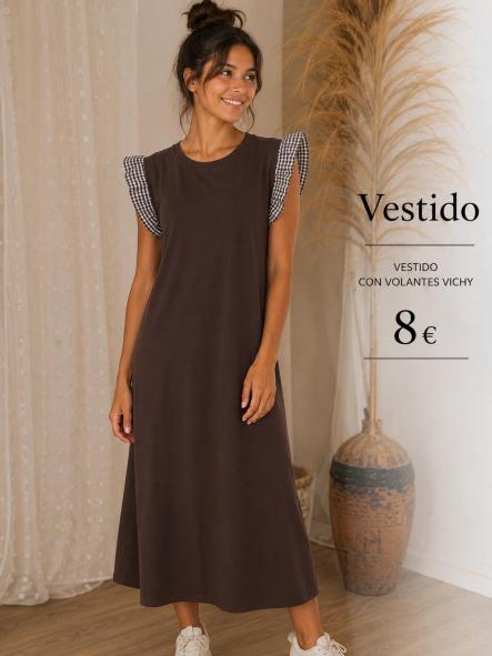 VESTIDO  ALGODON MANGAS VICHY MARRON