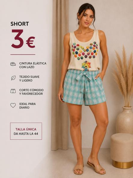 PANTALON CORTO cuadros GOMA EN CINTURA TURQUESA