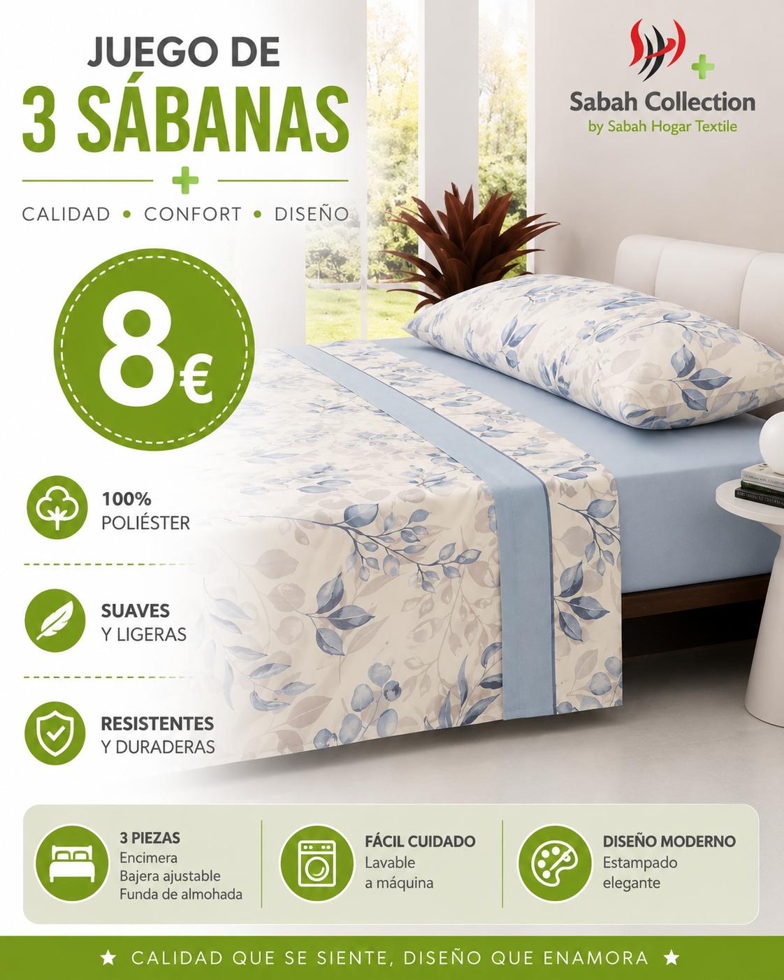 SABANA TRES PIEZAS FLORES AZULES90
