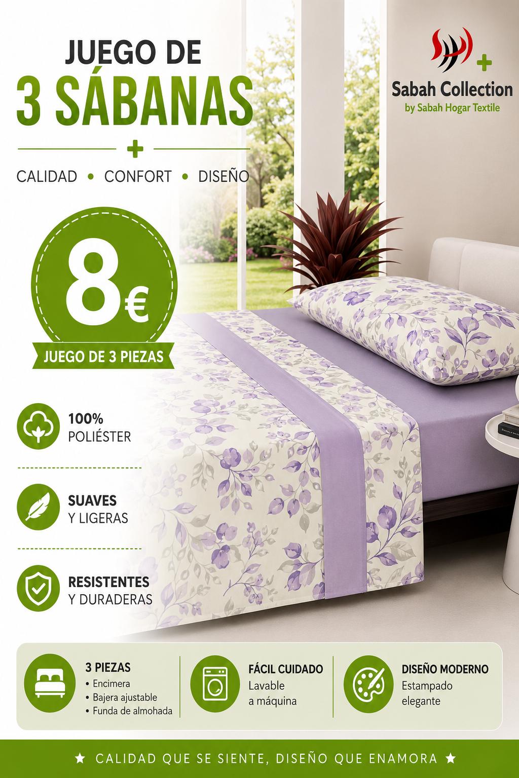 SABANA TRES PIEZAS FLORES LILA 135