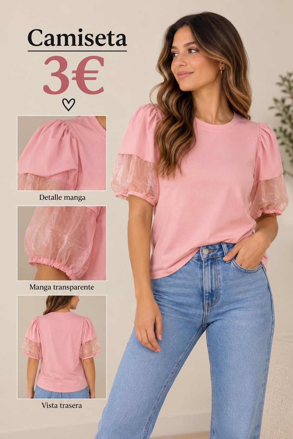 Camiseta Rosa Manga Tul