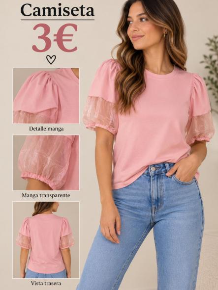 Camiseta Rosa Manga Tul