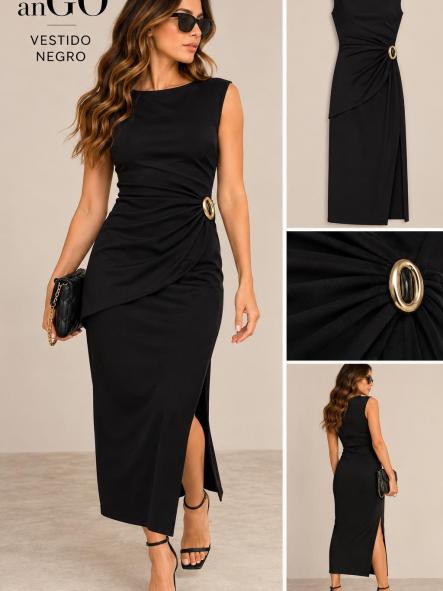 VESTIDO PUNTO NEGRO EBILLA DORADA