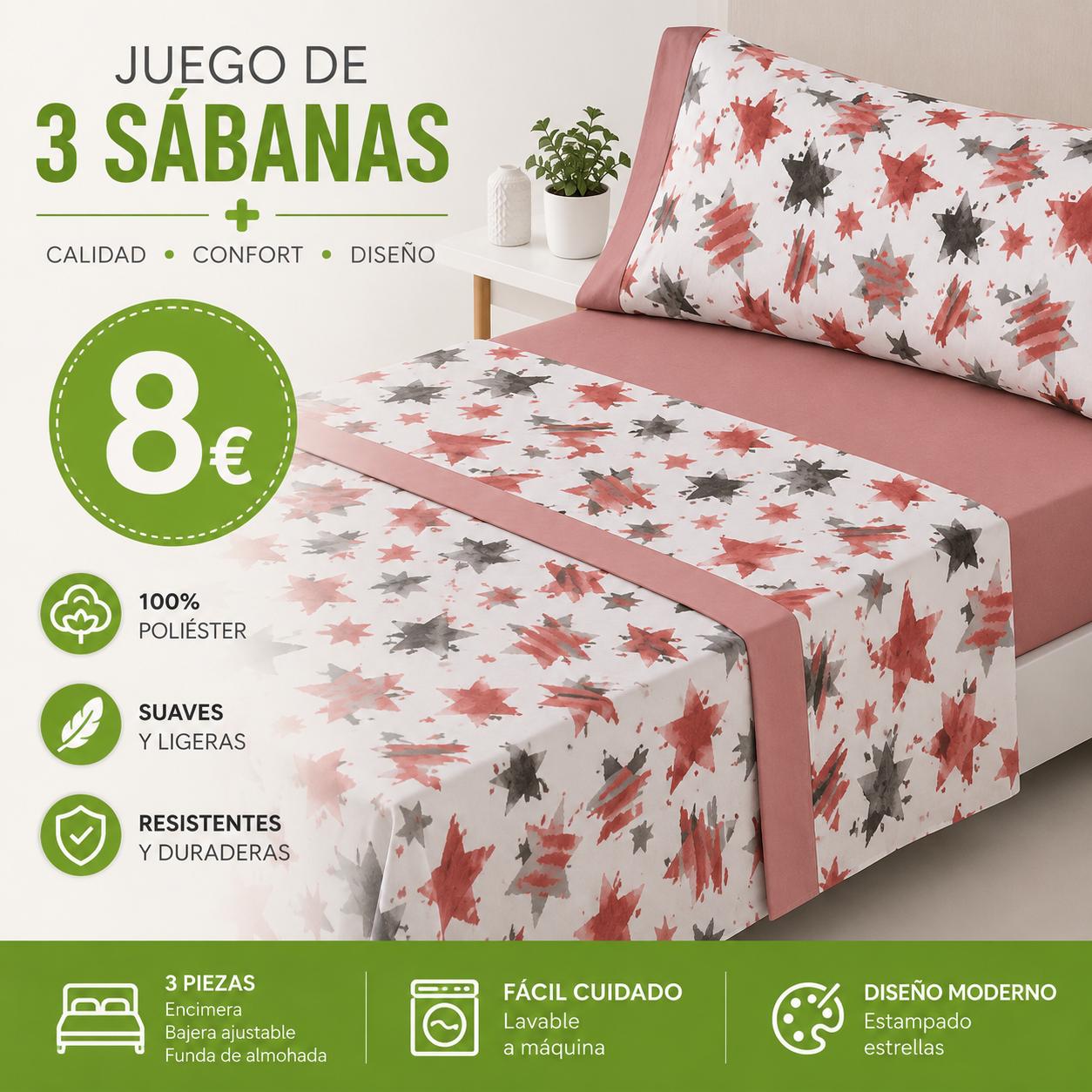 SABANA TRES PUEZAS ESTRELLAS ROSAS 135