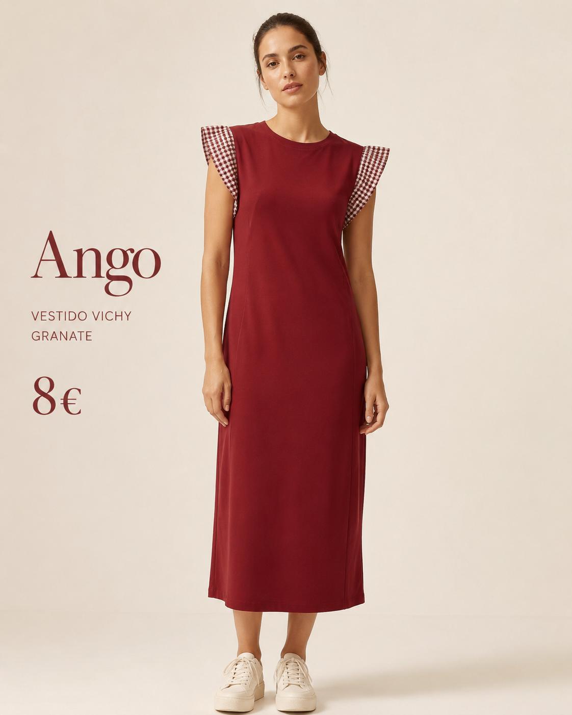 VESTIDO ALGODON MANGAS VICHY GRANATE