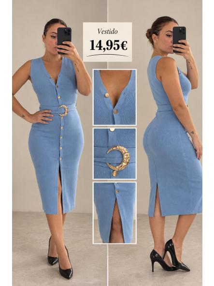 VESTIDO PUNTO AZUL BOTONES DORADOS  [0]