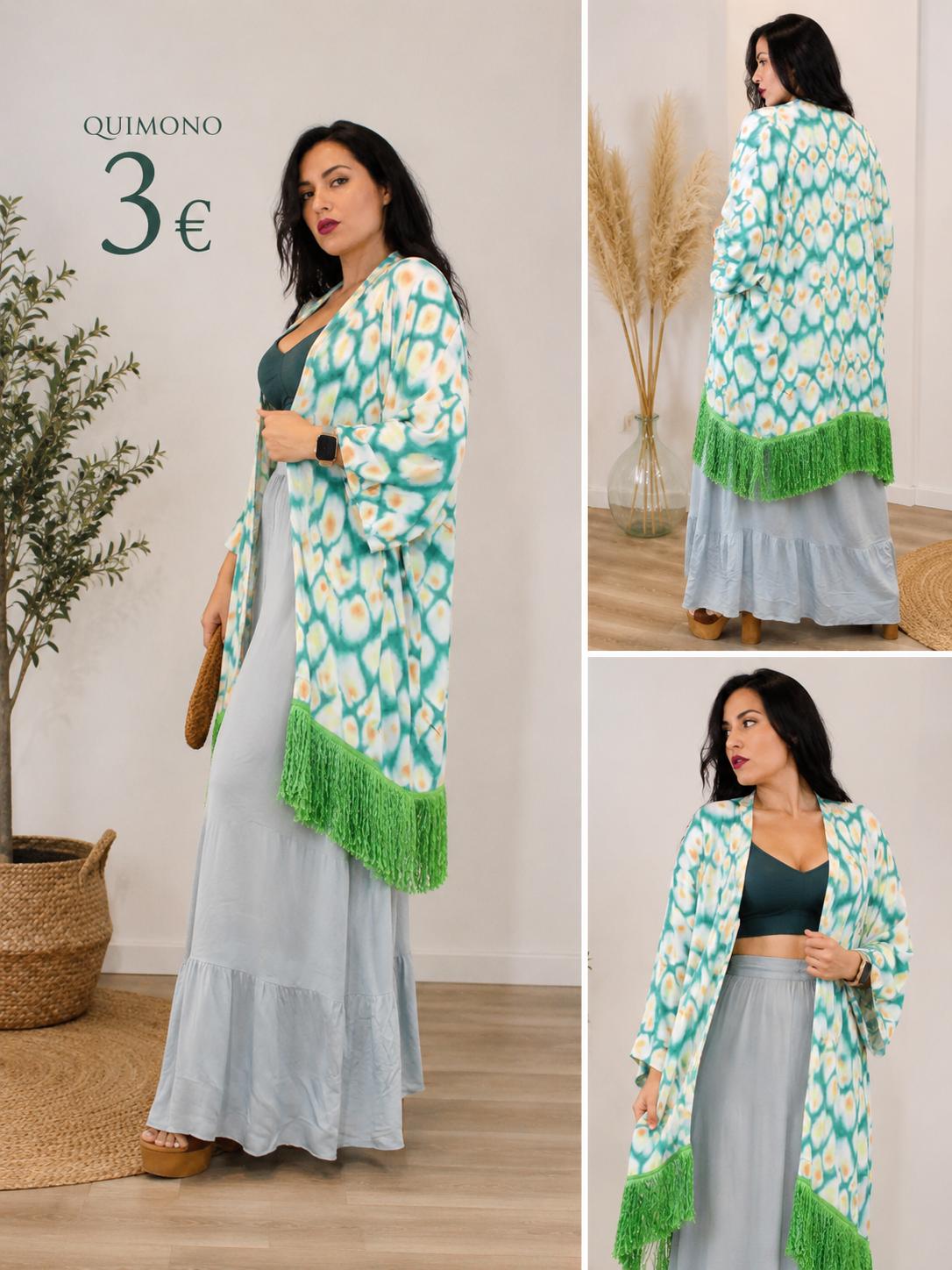 KIMONO TONOS VERDE CON FLECOS