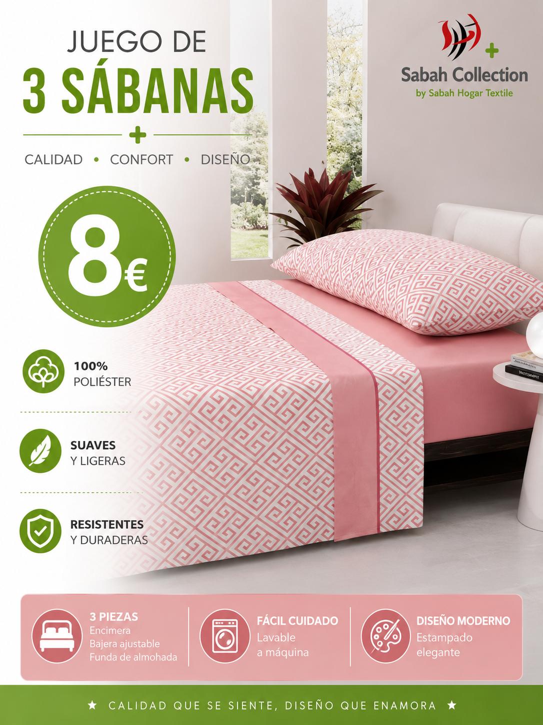SABANA TRES PIEZAS GEOMETRICO ROSA 105
