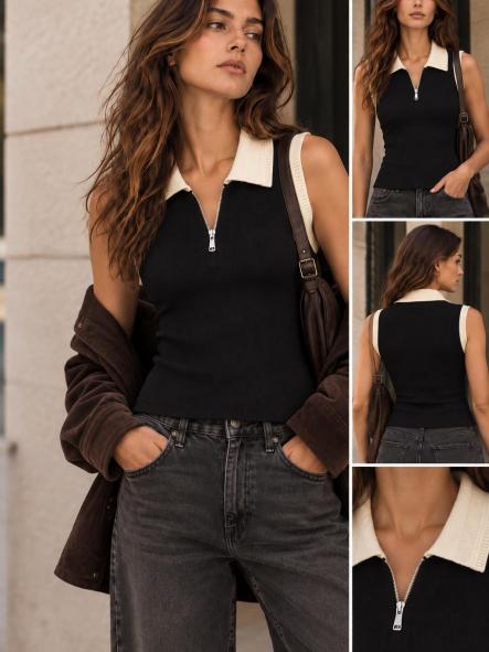 CAMISETA TESE CREMALLERA NEGRO CUELLO BEIG