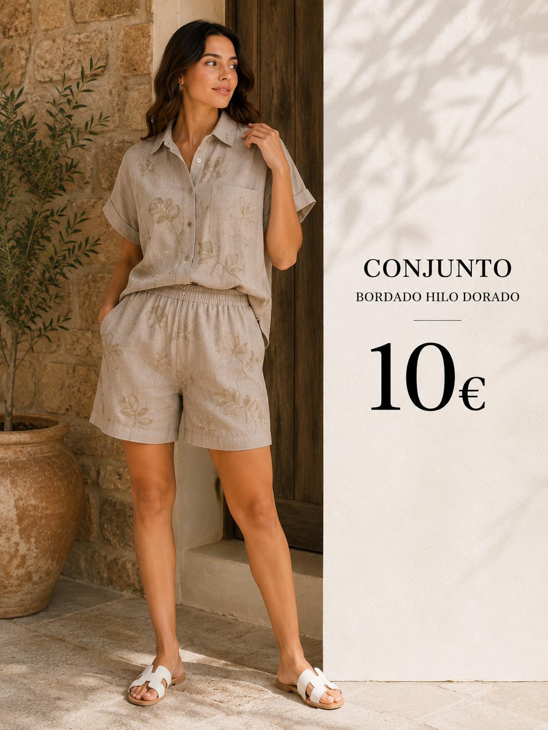 CONJUNTO BEIG HILOS DORADO