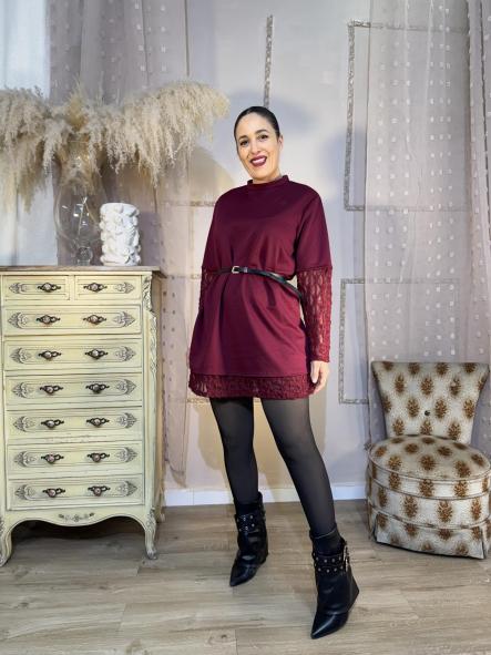 VESTIDO GRANATE MANGAS ENCAJE