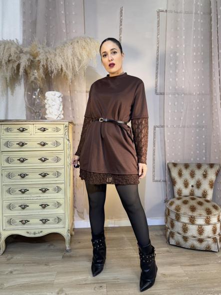 VESTIDO MARRON MANGAS ENCAJE [0]