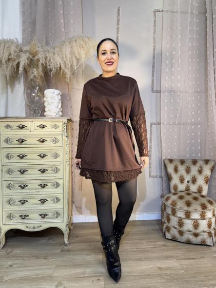 VESTIDO MARRON MANGAS ENCAJE [1]