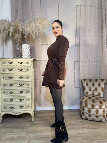 VESTIDO MARRON MANGAS ENCAJE [3]