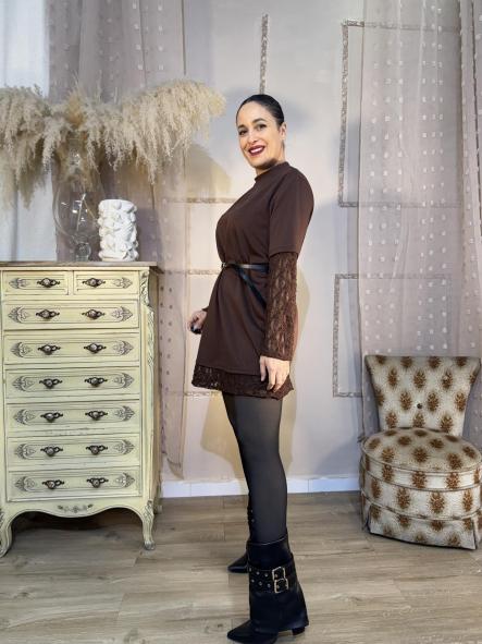 VESTIDO MARRON MANGAS ENCAJE [2]