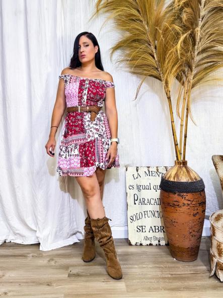 VESTIDO ESTAMPADO TONOS ROJOS BOTONES DORADOS [1]