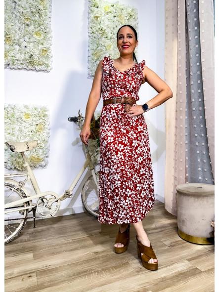 VESTIDO  FONDO TEJA DE TIRANTE ANCHO CON VOLANTE DE FLORES