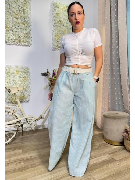 PANTALON TURQUESA DE LINO DE RAYAS GOMA EN CINTURA