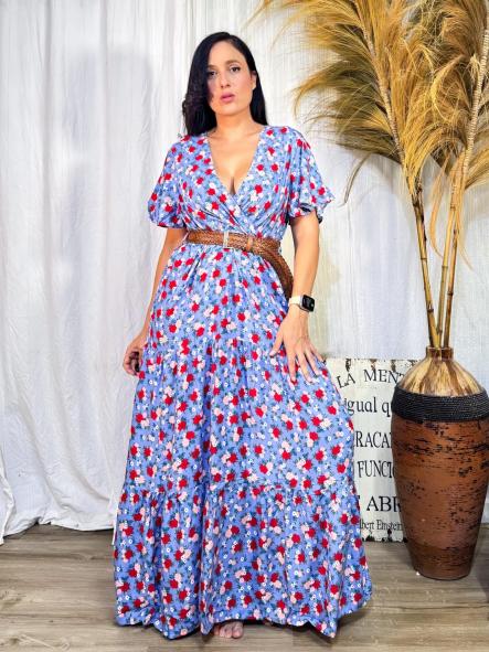 VESTIDO LARGO FLORES AZUL CLARO