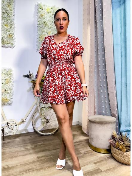 VESTIDO  DE FLORES CON BOTONES FONDO TEJA