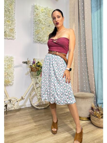 FALDA ESTAMPADOS TURQUESA DE LICRA FRIA POR DEBAJO DE LA RODILLA