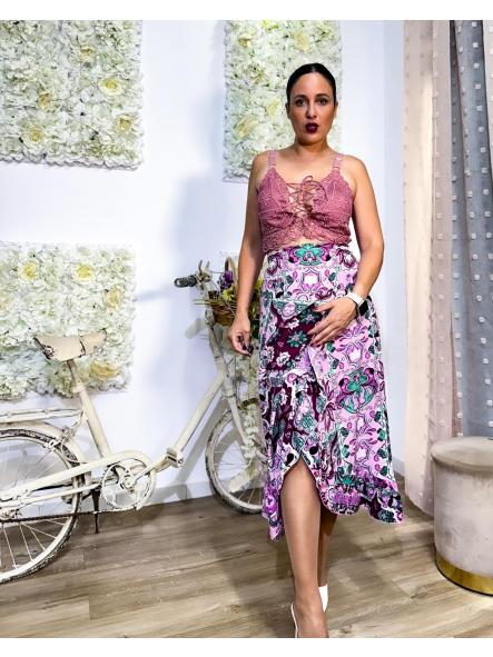 FALDA ESTAMPADO COLOR ROSA CRUZADA CON VOLANTITO Y LAZADA