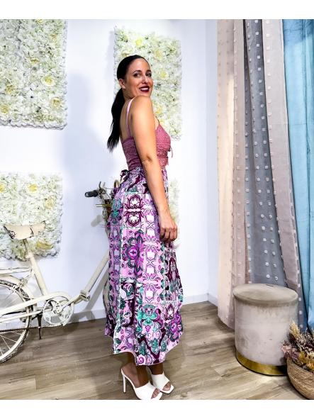 FALDA ESTAMPADO COLOR ROSA CRUZADA CON VOLANTITO Y LAZADA [2]