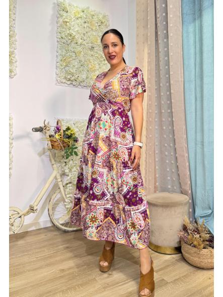 VESTIDO LARGO VOLANTES BAJO ESTAMPADOS CACHEMIR EN ROSA Y MORADO [0]