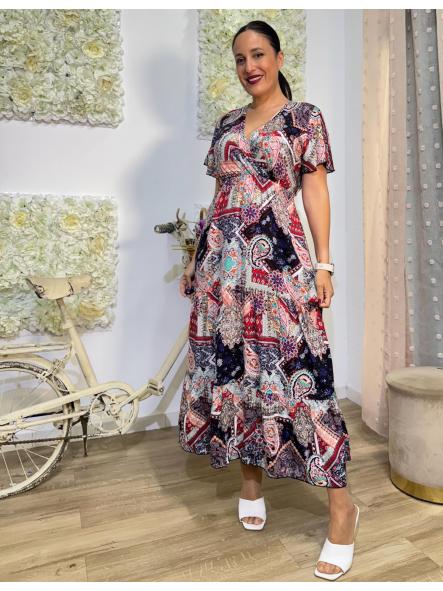 VESTIDO LARGO VOLANTES BAJO ESTAMPADOS CACHEMIR EN GRANATE Y AZUL MARINO