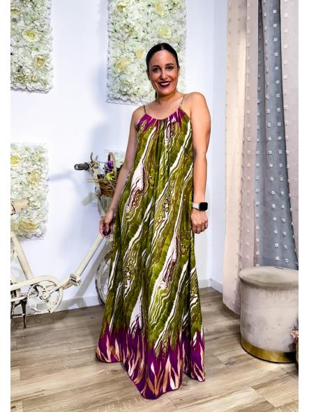 VESTIDO DE TIRANTES LARGO ESTAMPADO RASGADO BLANCO VERDE