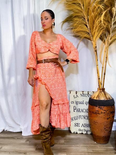CONJUNTO INDU FALDA Y TOP TONOS NARANJAS