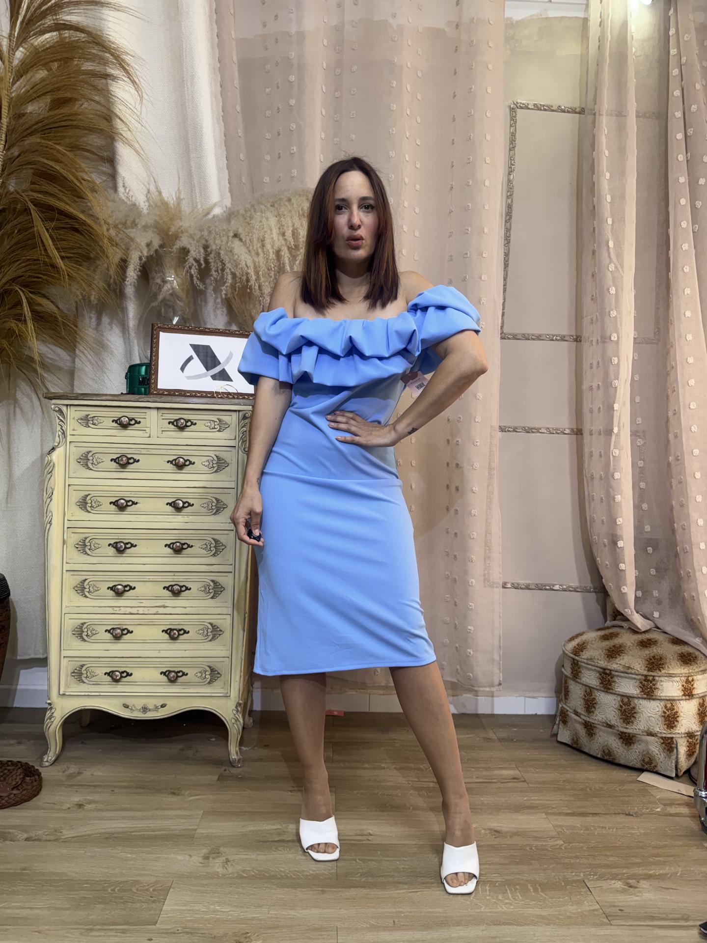 VESTIDO HOMBROS CLAVEL AZUL FIESTA