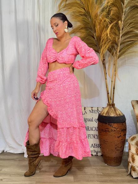 CONJUNTO INDU FALDA Y TOP TONOS ROSA