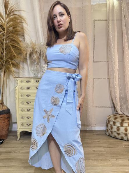CONJUNTO LINO  FALDA Y TOP AZUL