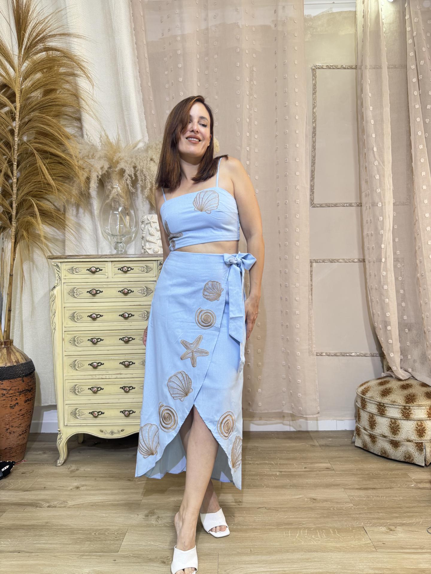 CONJUNTO LINO FALDA Y TOP AZUL