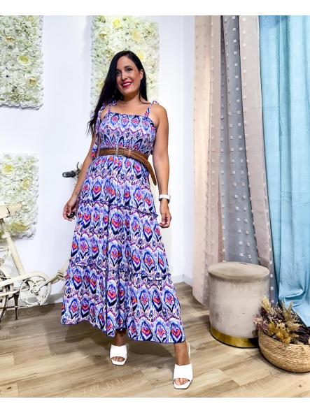 VESTIDO TONOS AZULES DE TIRANTES CUERPO PANAL DE ABEJA