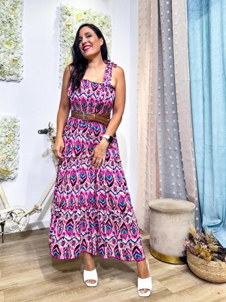 VESTIDO TONOS FUCSIA DE TIRANTES CUERPO PANAL DE ABEJA