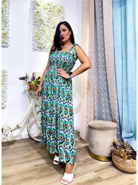 VESTIDO TONOS VERDE DE TIRANTES CUERPO PANAL DE ABEJA