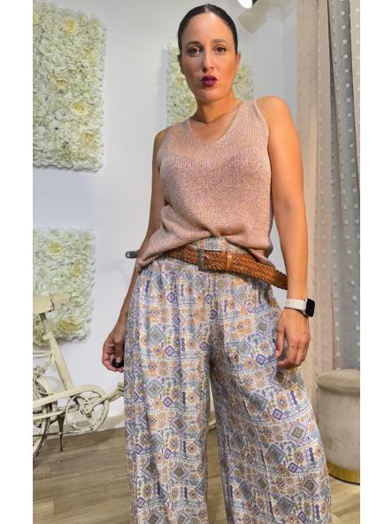 PANTALON PALAZZO ETNICO (BEIGE Y TURQUESA) [0]