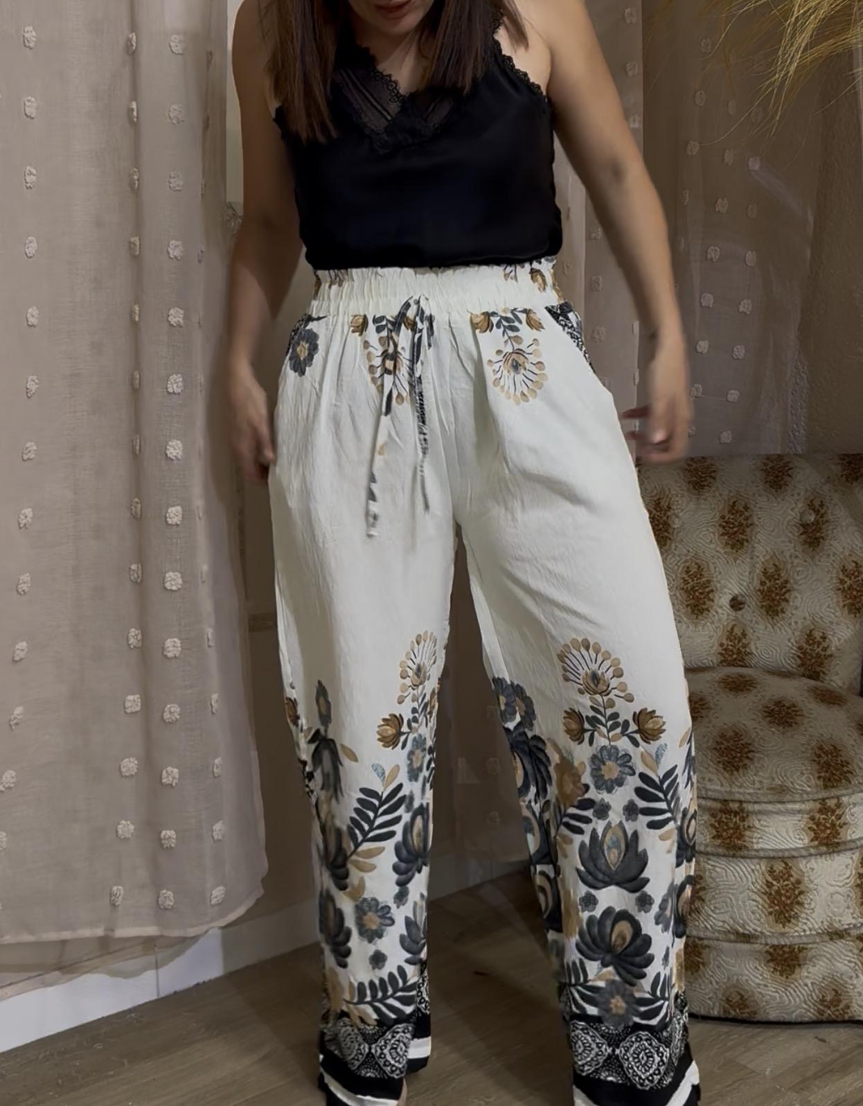 PANTALON LINO FLORES NEGRAS